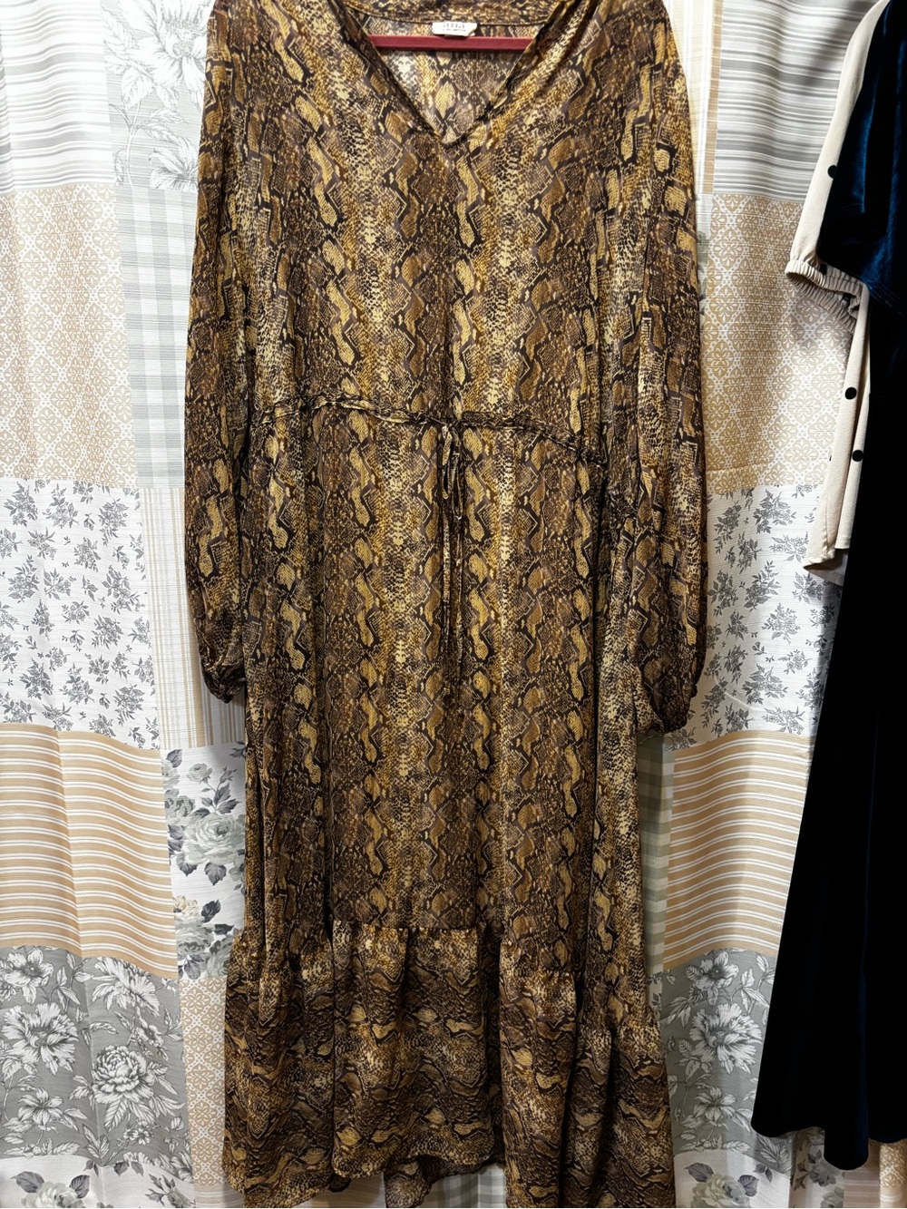 Snake-Print Long Sleeve Maxi Dress - Brown